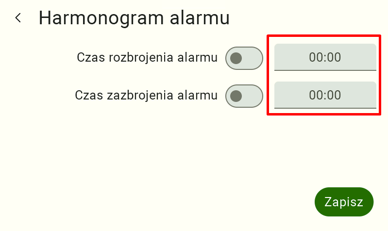 Ekran "Harmonogram alarmu". Czerwoną ramką wyróżniono jasnoszare pola numeryczne zawierające godziny (np. "00:00") widoczne po prawej stronie przełączników. Użytkownik musi kliknąć w te pola, aby wywołać interfejs i móc przypisać konkretne godziny dla funkcji automatycznego rozbrajania i uzbrajania alarmu.