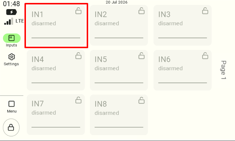 Screenshot of the inputs list with the IN1 tile outlined in red, showing which input to select before arming or disarming its alarm.