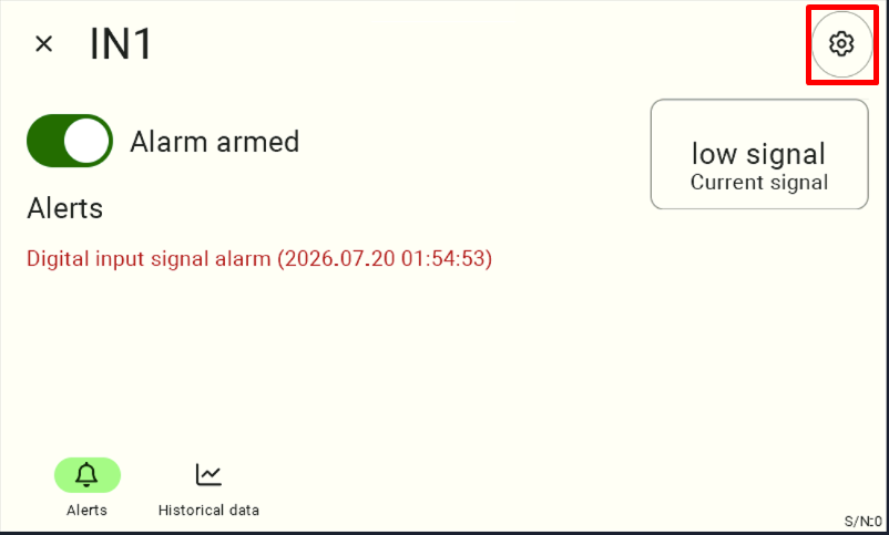 Screenshot of the IN1 detail panel with the gear/settings icon highlighted in red, used to open the 'Set Trigger' option.