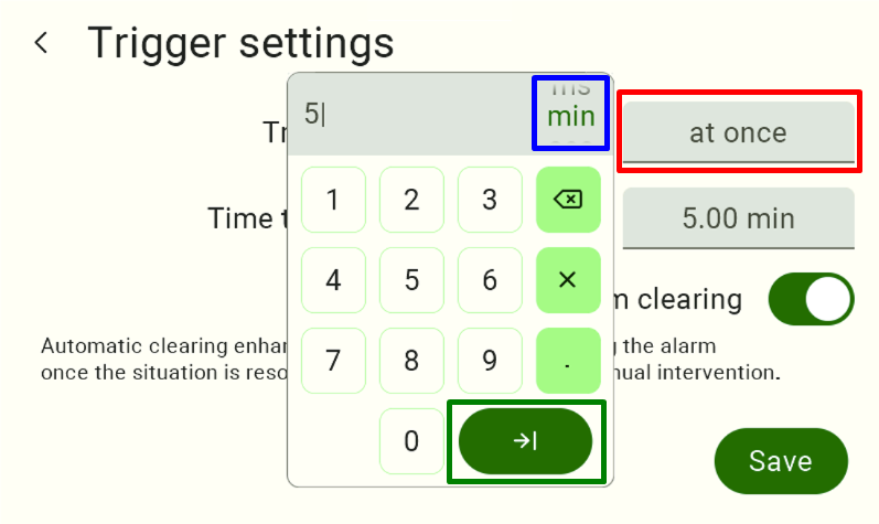 Screenshot of the Trigger settings numeric keypad entering the value 5, with the time-unit selector 'min' highlighted in blue and the adjacent field highlighted in red, ready to confirm with the green arrow button.