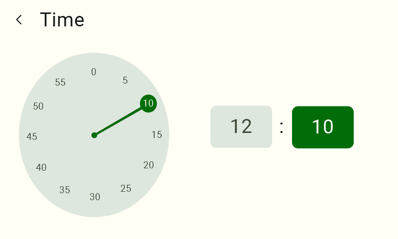 The time-setting screen that appears after selecting the reporting time for water meter alarms. It shows an analog clock for selecting the minutes. On the right is a digital clock with the minute selection area highlighted.  