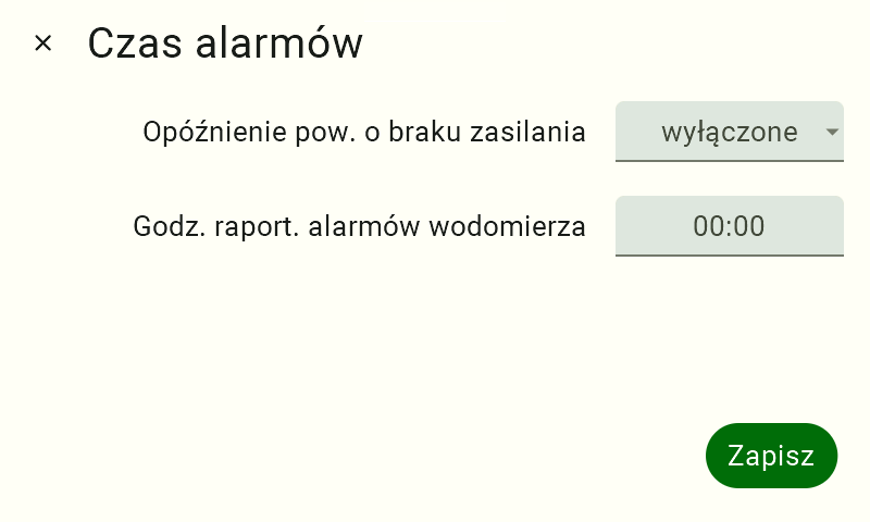 Widok panelu ustawiania czasów alarmów. Dostępne są opcje "Opóźnienie powiadomień o braku zasilania" i "Godzina raportowania alarmów wodomierza". W prawym dolnym rogu przycisk "Zapisz".