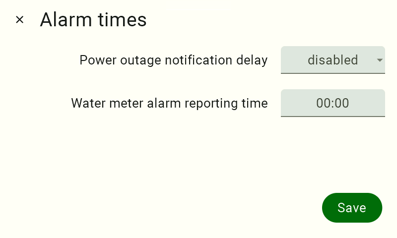 View of the alarm time settings panel. The options "Power Outage Notification Delay" and "Water Meter Alarm Reporting Time" are available. The "Save" button is located in the lower-right corner.  