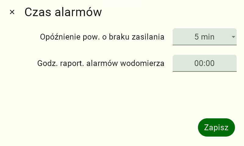 Widok panelu ustawiania czasów alarmów. W opcji "Opóźnienie powiadomień o braku zasilania" pole zmieniło wartość z "wyłączone" na "5 min".