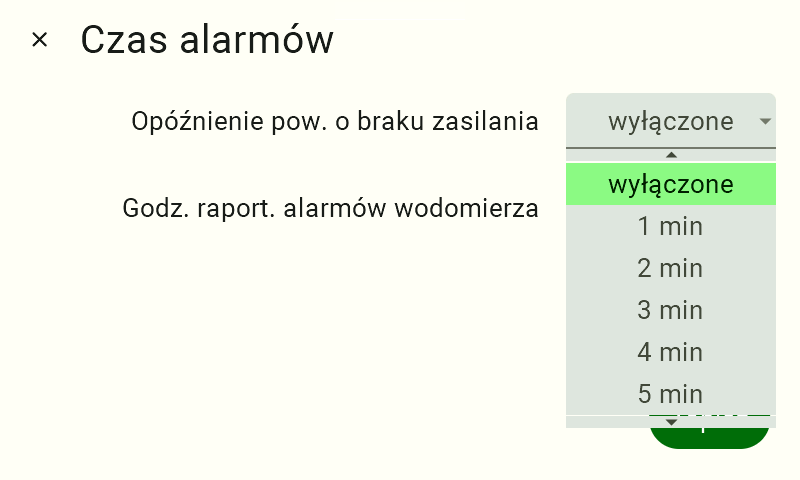 Widok panelu ustawiania czasów alarmów. W opcji "Opóźnienie powiadomień o braku zasilania" pole wyboru jest zaznaczone. Obecnie jest "wyłączone" opcja jest kliknięta i wyświetla się lista z pozostałymi możliwymi ustawieniami. Widać od 1 co 5 minut co minutę.