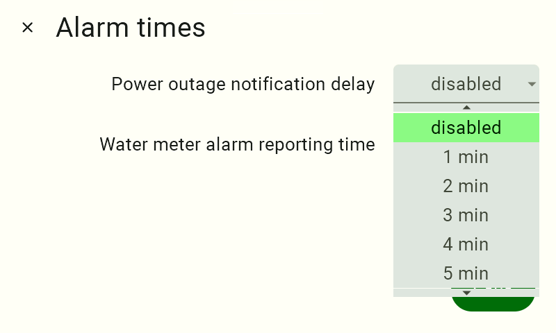 View of the alarm time settings panel. In the "Power Outage Notification Delay" option, the checkbox is selected. Currently, the "Off" option is selected, and a list of other possible settings is displayed. The options range from once every 5 minutes to once per minute.   