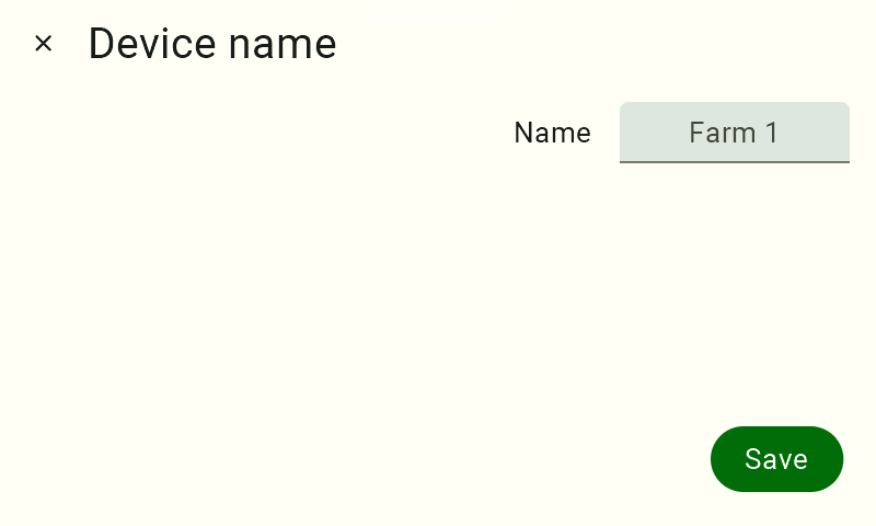 View of the device name panel. The header displays "Device Name," with "Name" to the right, and to the right of that text is the rename panel, showing the new name "Farm 1." In the lower-right corner is the "Save" button.  