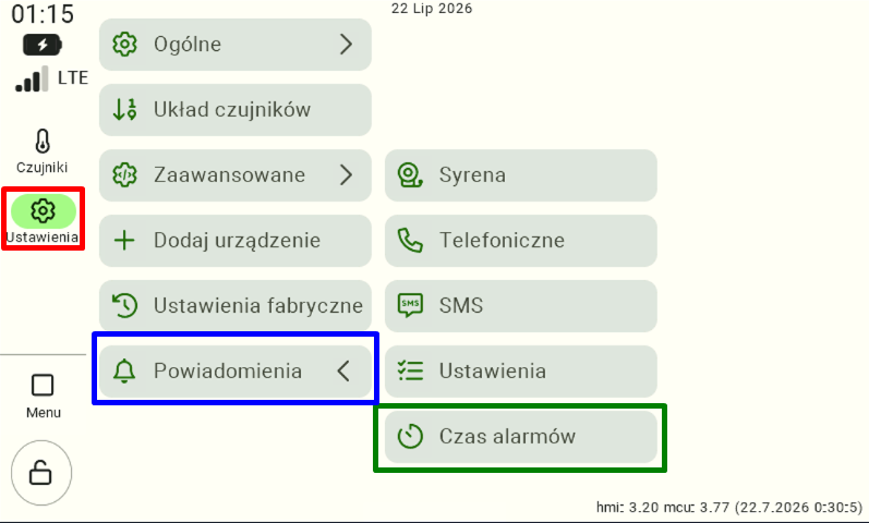 Widok panelu ustawień FarmWatch Pro. Na lewym menu zaznaczone są "Ustawienia". W ustawieniach "Powiadomienia", następnie "Czas alarmów".