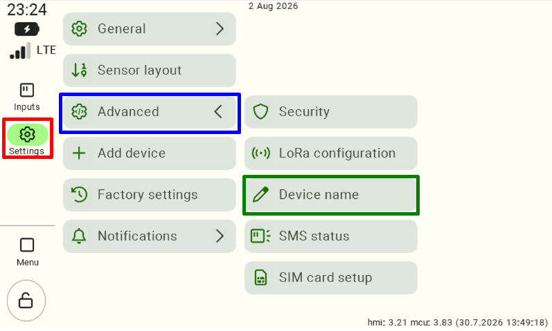 A view of the FarmWatch Pro settings panel; the settings are highlighted in the left-hand menu. In the "Advanced" settings section, select "Device Name." 