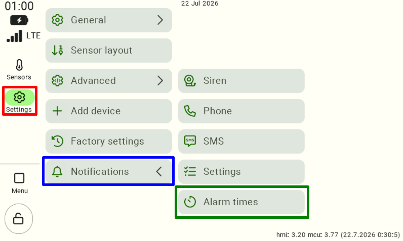 A view of the FarmWatch Pro settings panel. "Settings" is selected in the left-hand menu. Go to "Notifications," then "Alarm Times."  
