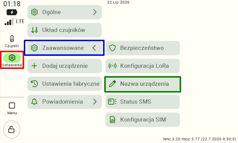 Widok panelu ustawień FarmWatch Pro na lewym menu zaznaczone są ustawienia. W sekcji ustawień "Zaawansowane" następnie "Nazwa urządzenia".